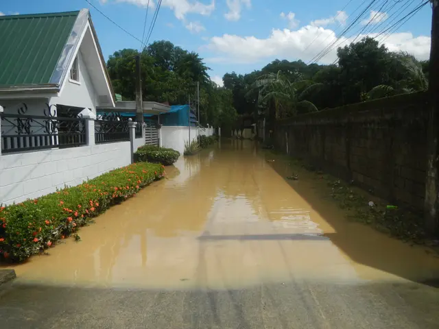 The image shows a flooded street in the middle of a residential area, with water covering the road,...