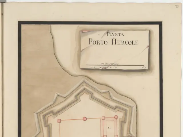 The image shows an open book with a drawing of a plan of the city of Porto Hercole, with text...