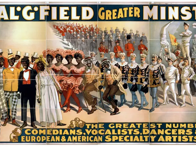 The image shows a poster of Algfield Greater Minstrels, the greatest number of comedians,...
