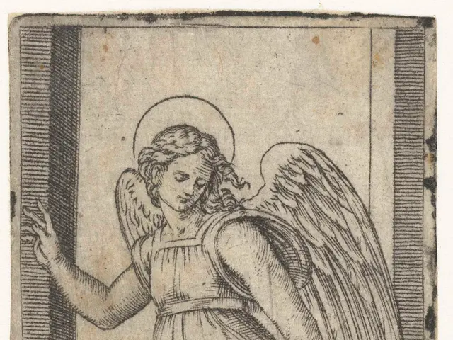 The image shows an angel with wings, holding a child in his arms, standing in front of a door. The...