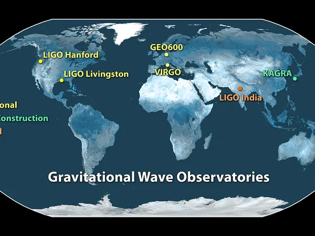 The image shows a map of the world with the locations of gravitational wave observatories clearly...