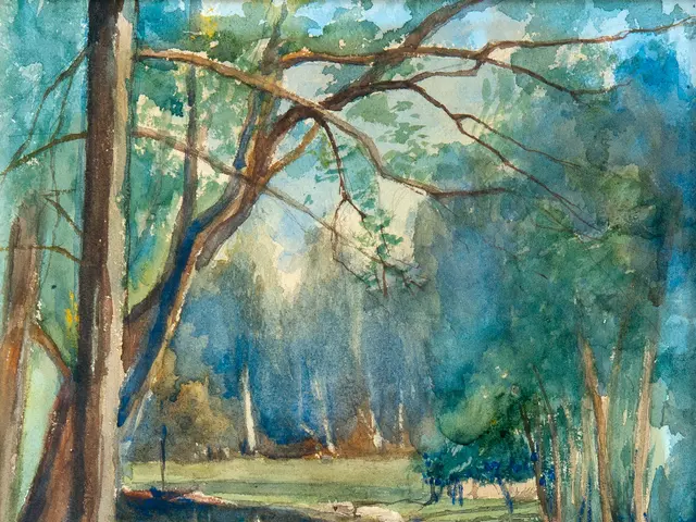 The image shows a watercolor painting of a river with trees in the background. The painting is done...