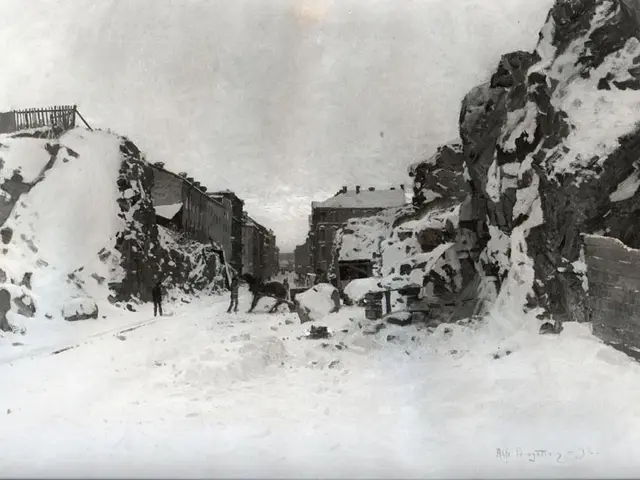 The image shows a black and white photo of a snowy street with people walking down it. On either...