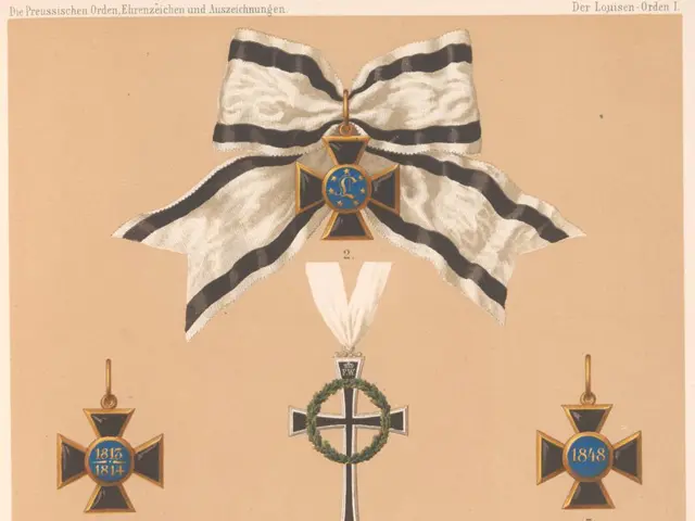 The image shows a page from a book with a variety of medals, including a cross, a ribbon, and other...
