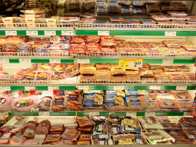 The image shows a grocery store filled with lots of different types of food, including packets,...