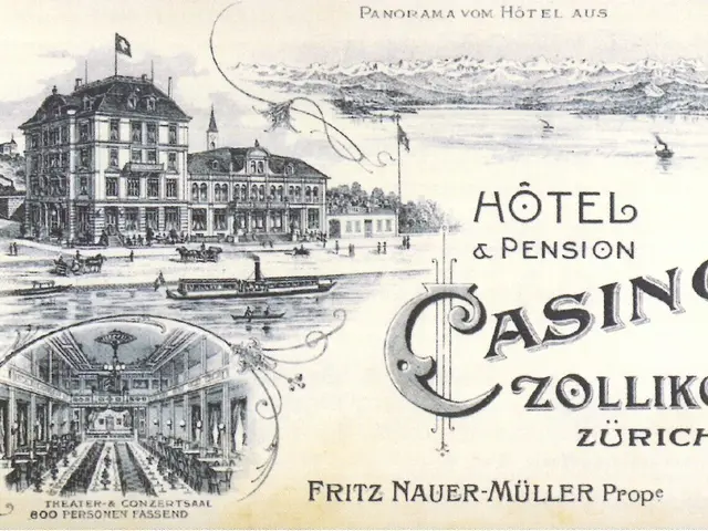 The image shows an old postcard with a picture of a hotel and casino in Zollikon, Switzerland. The...