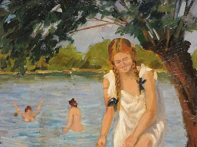 The image shows a painting of a woman in a white dress sitting on the shore of a lake, surrounded...