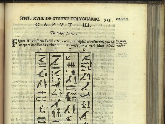The image shows an open book with a drawing of an Egyptian hieroglyphic symbol on it. The book is...