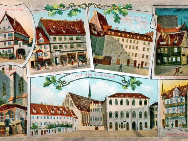 The image shows an old postcard of a city with pictures of buildings, people, trees, and the sky....