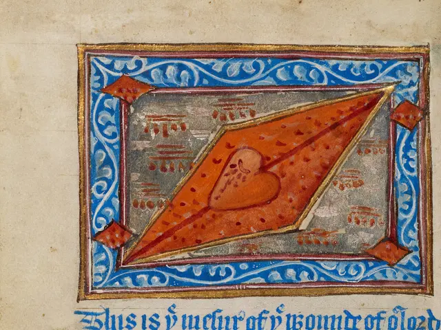 The image shows an illuminated manuscript with a painting of a heart in the center and text...