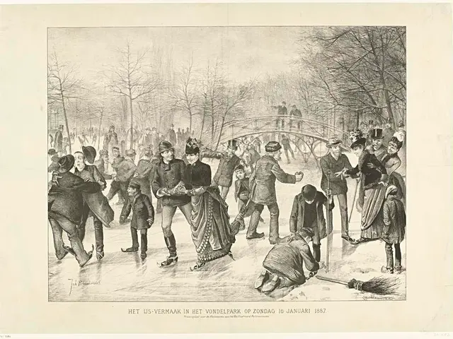 The image shows a group of people skating on an ice rink in a park, surrounded by trees and a...