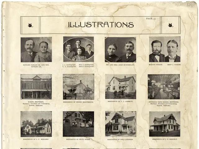 The image shows an old book with a variety of pictures of people and houses on it. The book appears...