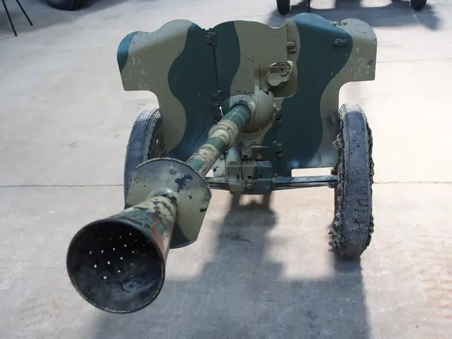 The image shows a military vehicle with a large cannon sitting on top of it, surrounded by other...