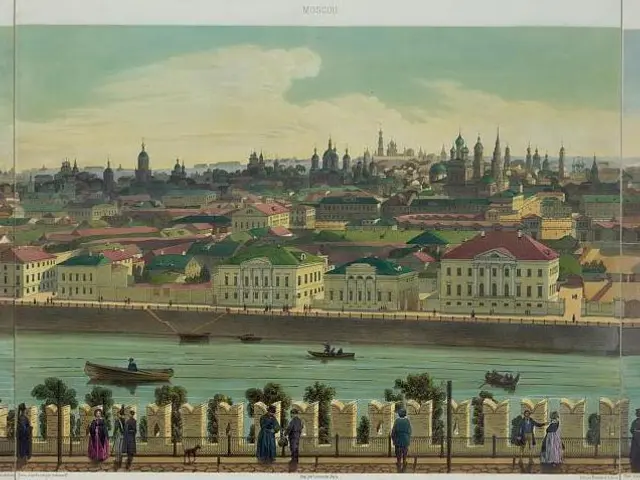 The image shows a view of the city of Moscow from the top of a hill. We can see a group of people...