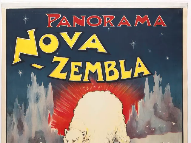 The image shows a poster advertising the Panorama Nova Zembla in Amsterdam, featuring a polar bear...