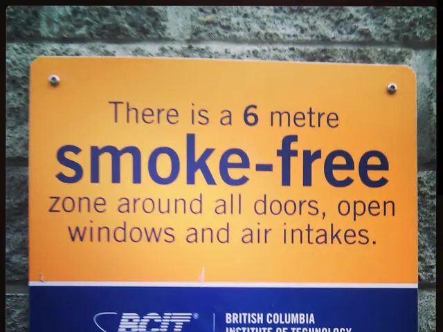 The image shows a board on the wall with text that reads "There is a 6 metre smoke-free zone around...