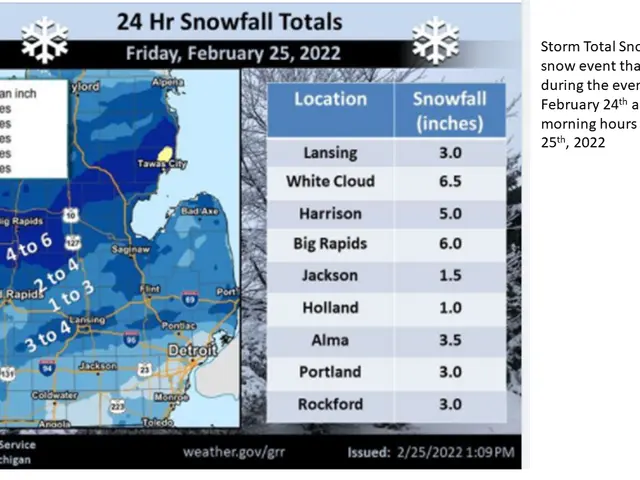 The image shows a map of the United States with snowfall totals for Friday, February 25, 2022. The...