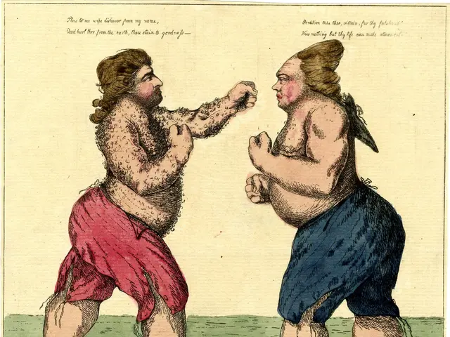 The image shows a cartoon depicting two men fighting in the water, with text at the bottom. The men...