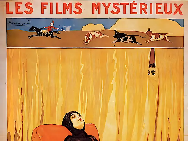 The image shows a movie poster for the film Les Vampires, featuring a woman sitting on a chair with...