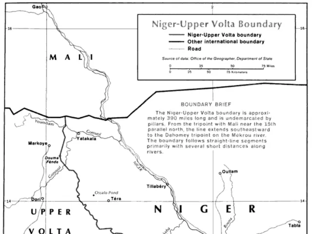 The image shows a poster with a black and white map of Nigeria, depicting the Upper Volta Boundary....