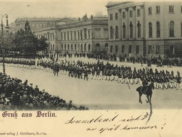 The image shows an old black and white photo of a parade in Berlin, Germany. We can see a group of...