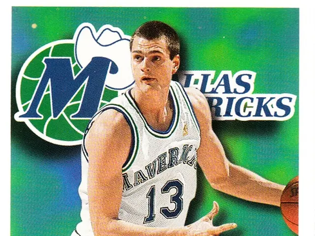 The image shows a poster of Martin Muirsepp, a former Dallas Mavericks player, holding a basketball...