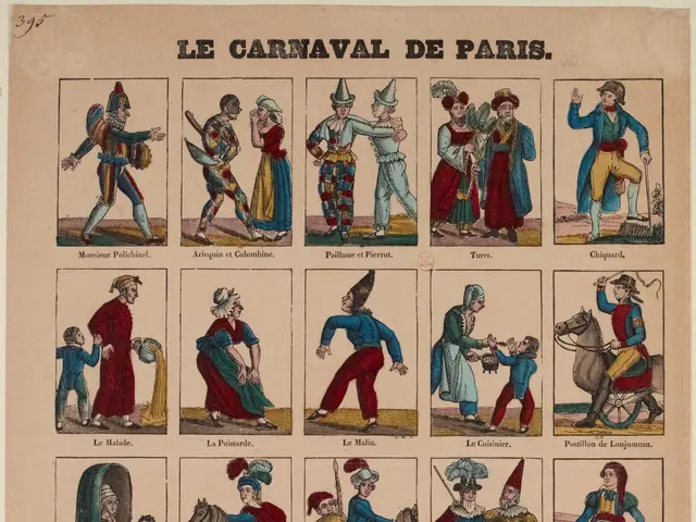 The image shows a paper with pictures of people wearing costumes from the Carnival of Paris. The...