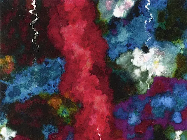 The image shows a painting with a vibrant array of colors, including red, blue, green, and white,...