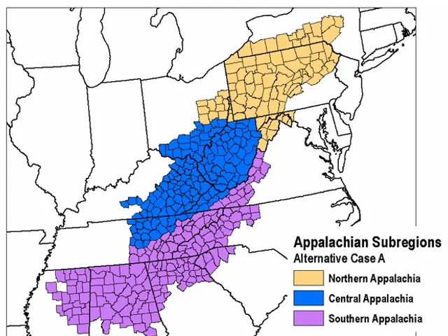 The image shows a map of the United States with different colors representing the Appalachian...