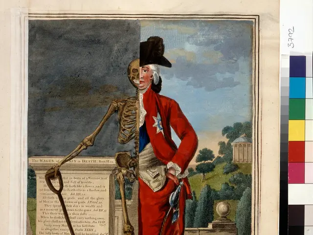 The image shows a man in a red coat and hat holding a shovel, standing in front of a gravestone...