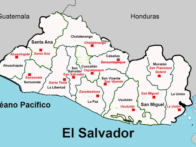 The image shows a political map of El Salvador, with text indicating the various cities and towns...