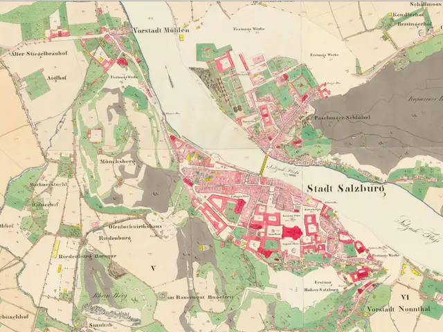 The image shows an old map of the city of Salzburg, Austria, with text at the top and bottom of the...