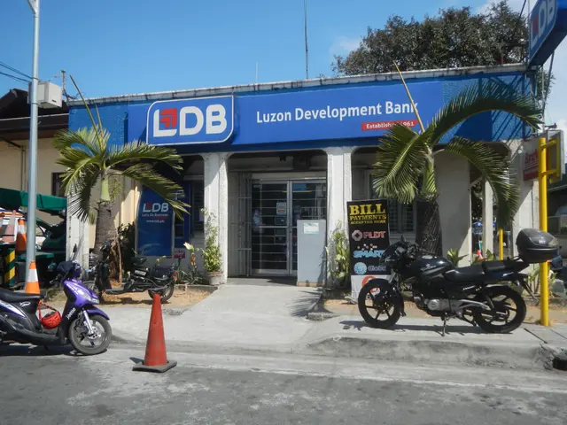 The image shows two motorcycles parked in front of a building with a sign that reads "Luzon...