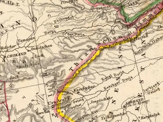 The image shows an old map of the Himalayas, with the route of the Bhutan-Kashmir Railway clearly...