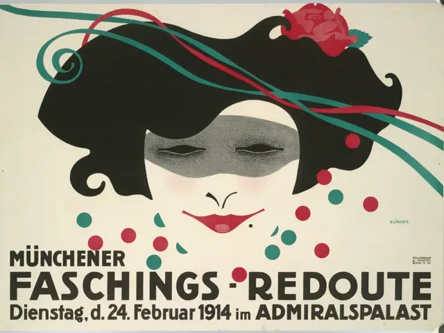 The image shows a poster for the Munchener Faschings Redoute, featuring a woman's face with a...