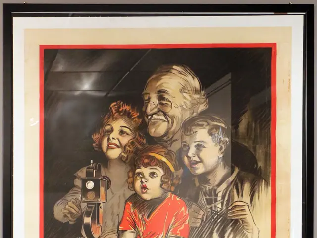 The image shows a photo frame on the wall with a poster of a family of three - a man, a woman, and...