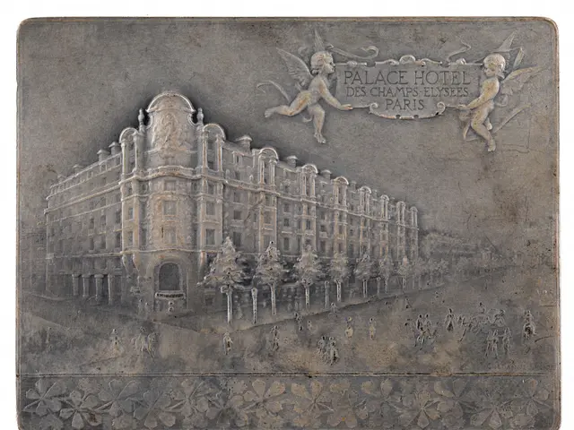 The image shows a silver plaque with a detailed engraving of the Palace Hotel des Champs Elysees in...