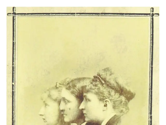 The image shows an old photo of three women wearing black dresses, with the words "The Sisters...