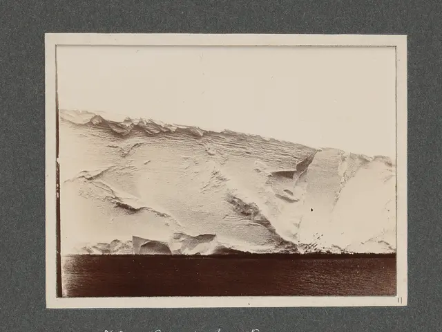 The image shows a black and white photo of a mountain with the words "The Great Ice Barrier"...