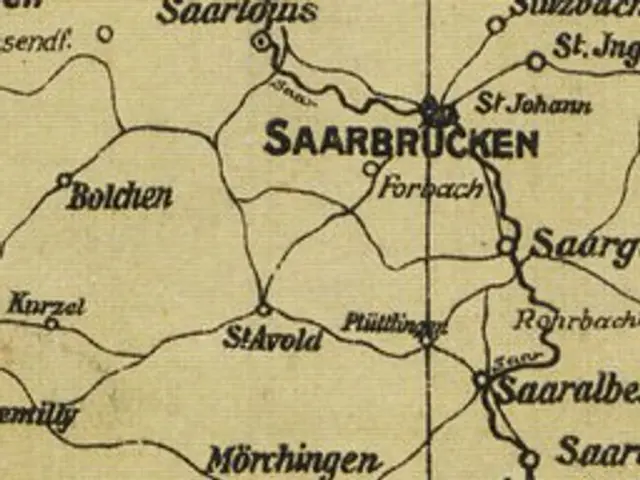 The image shows an old map of Saarbrücken, Germany, with text indicating the location of the city....