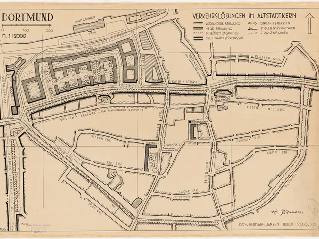 The image shows an old map of the city of Dortmund, Germany, with text written on it. The map is...