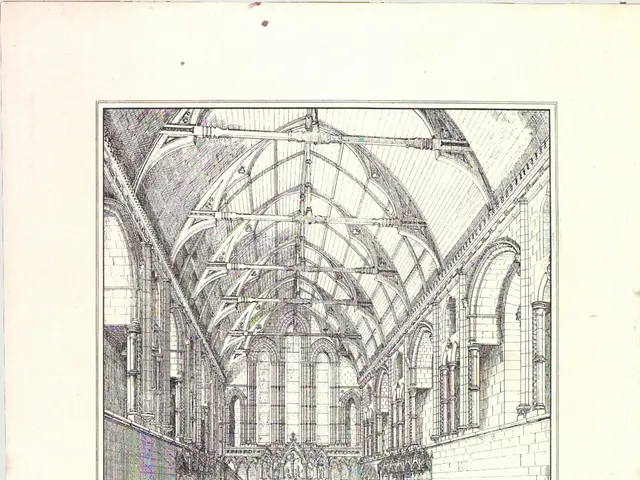 The image shows a drawing of the interior of St Mary's Church in Nunmonkton, Restored. It features...