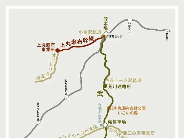 The image shows a poster with a map of a train route in Japan, with text written on it. The map is...