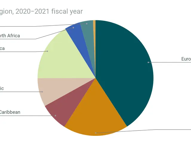 The image shows a pie chart on a white background with text that reads "Funds by Region, 2020-2021...