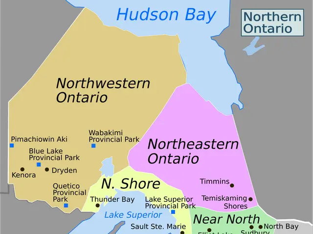 The image shows a poster of a map of Ontario with the provinces of Northern Ontario clearly marked....