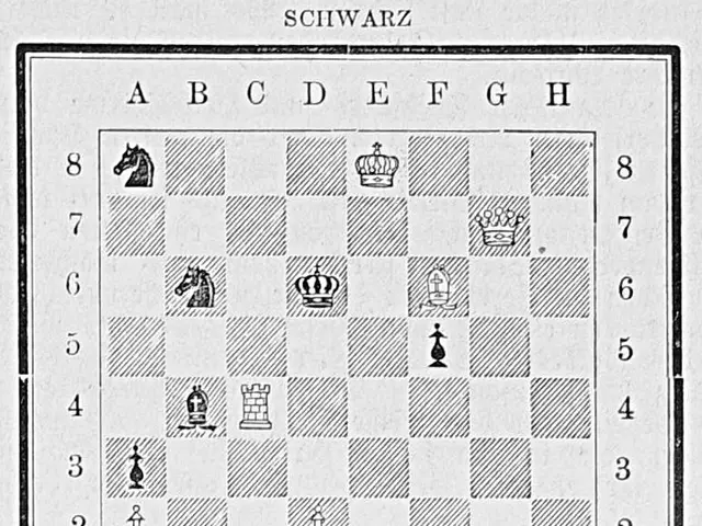 The image shows a chess board with a black and white chess piece on it, along with alphabets and...