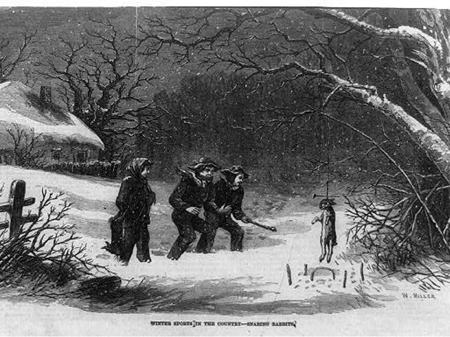 The image shows a black and white illustration of a group of people walking in the snow, with a dog...