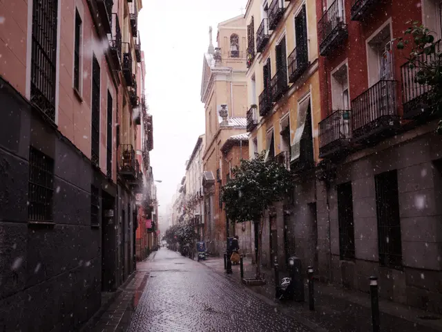 The image shows a snowy street in Madrid, Spain, with people walking down it. On either side of the...