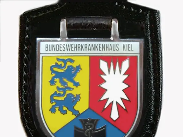 The image shows a black leather patch with a red, yellow and blue coat of arms on it. The text at...