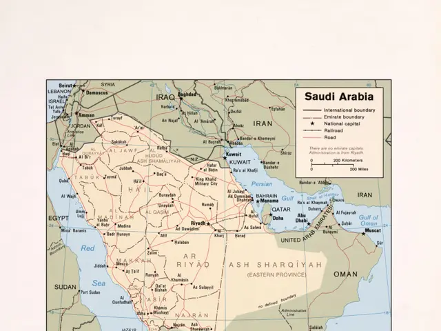 The image shows a poster of a map of Saudi Arabia, with text and a stamp at the bottom. The map is...